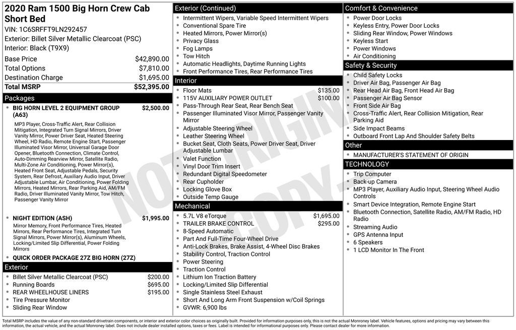 2020 RAM 1500 Big Horn Crew Cab 4x4 5'7' Box